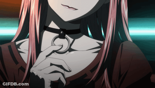 A Close Up Of A Girl Wearing A Choker With A Ring Around Her Neck GIF
