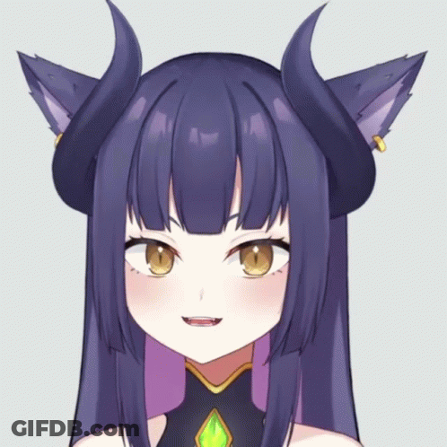 A Close Up Of A Girl With Horns And Cat Ears Making A Funny Face GIF