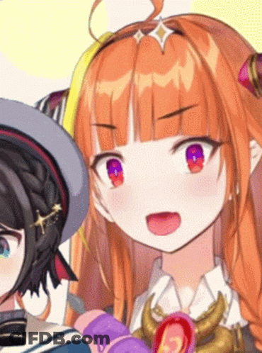 A Close Up Of A Girl With Orange Hair And Purple Eyes Standing Next To Another Girl . GIF