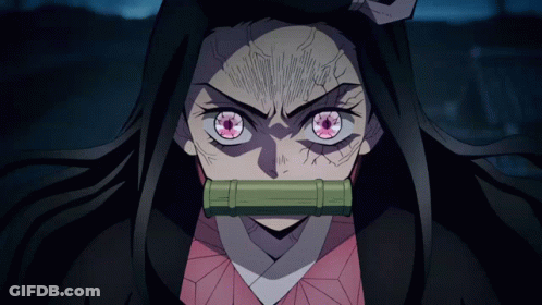 A Close Up Of A Girl With Pink Eyes And A Bamboo Tube In Her Mouth GIF