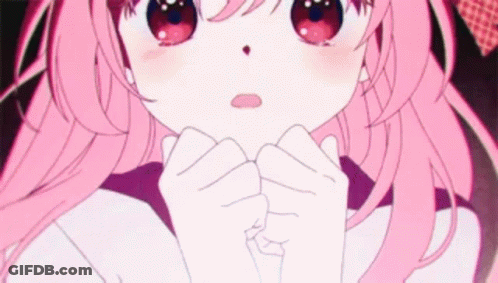 A Close Up Of A Girl With Pink Hair And Red Eyes GIF