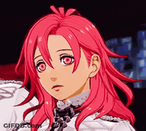 A Close Up Of A Girl With Pink Hair And Red Eyes GIF