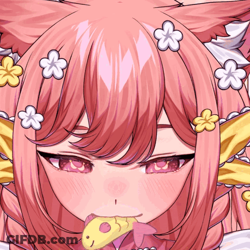 A Close Up Of A Girl With Pink Hair And Yellow Flowers In Her Hair GIF