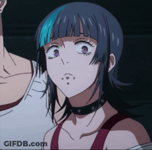 A Close Up Of A Girl With Purple Eyes And A Choker GIF