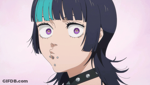 A Close Up Of A Girl With Purple Eyes And A Choker Around Her Neck GIF
