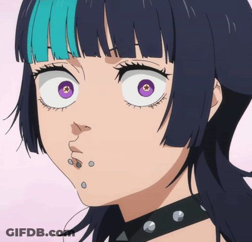A Close Up Of A Girl With Purple Eyes And A Choker GIF