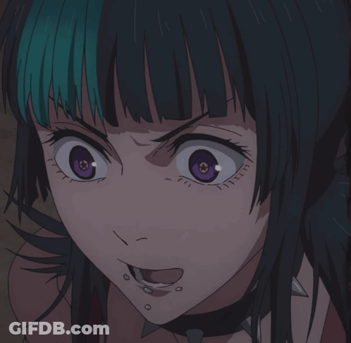 A Close Up Of A Girl With Purple Eyes And Spikes On Her Neck GIF