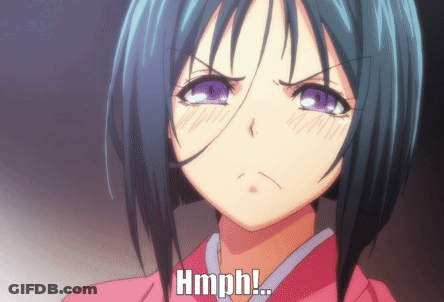 A Close Up Of A Girl With Purple Eyes And The Word Hmph Below Her GIF