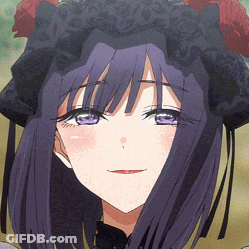 A Close Up Of A Girl With Purple Hair And A Black Hat GIF
