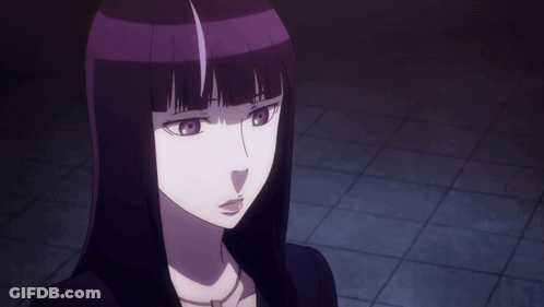 A Close Up Of A Girl With Purple Hair And Pink Eyes GIF
