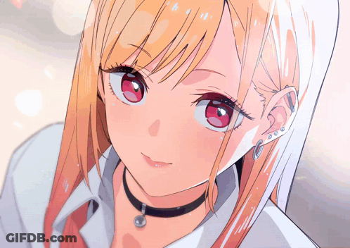 A Close Up Of A Girl With Red Eyes And A Choker GIF