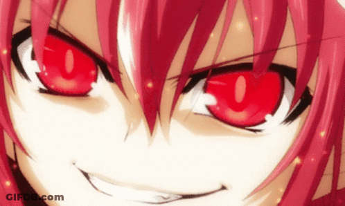 A Close Up Of A Girl With Red Eyes And A Smile GIF