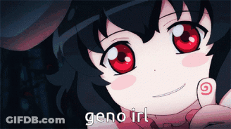 A Close Up Of A Girl With Red Eyes And Geno Irl Written Below Her GIF