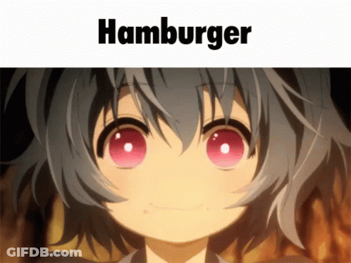 A Close Up Of A Girl With Red Eyes And The Word Hamburger Above Her GIF