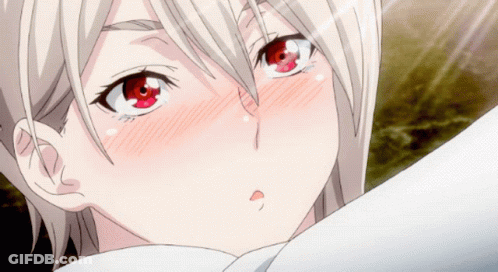 A Close Up Of A Girl With Red Eyes And White Hair GIF
