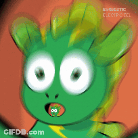 A Close Up Of A Green Cartoon Character With The Words Energetic Electric Eel On The Bottom GIF