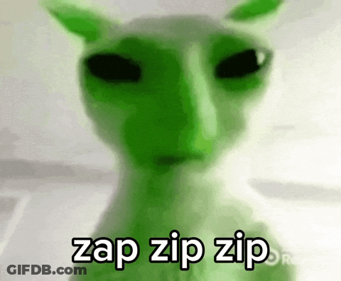 A Close Up Of A Green Cat With The Words Zap Zip Zip On It . GIF