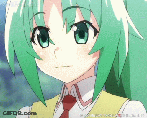 A Close Up Of A Green Haired Anime Character With A GIF Magazine Watermark GIF