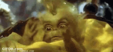 A Close Up Of A Gremlins Doll Laying In A Blanket . GIF