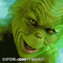 A Close Up Of A Grinch 'S Face With The Words `` Oh ? What ? '' Written On It . GIF