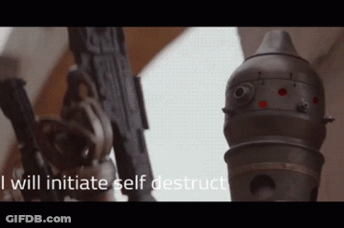 A Close Up Of A Gun With The Words " I Will Initiate Self Destruct " Written Below It GIF