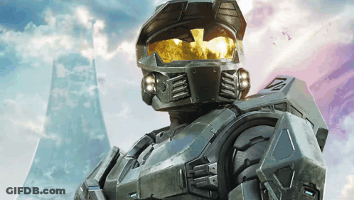 A Close Up Of A Halo Soldier With A Shield On His Arm GIF