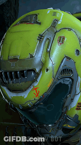 A Close Up Of A Helmet With The Words Doomguy Bot Written Below It GIF
