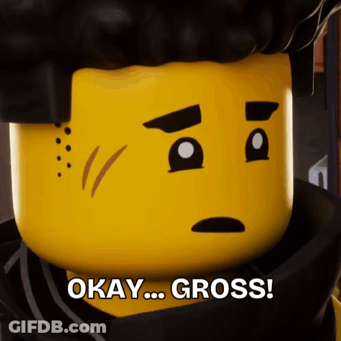 A Close Up Of A Lego Character With The Words Okay Gross On The Bottom GIF