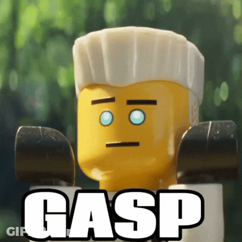 A Close Up Of A Lego Figure With The Word Gasp On The Bottom GIF