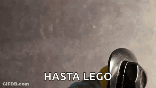 A Close Up Of A Lego Figure With The Words Hasta Lego On The Bottom GIF