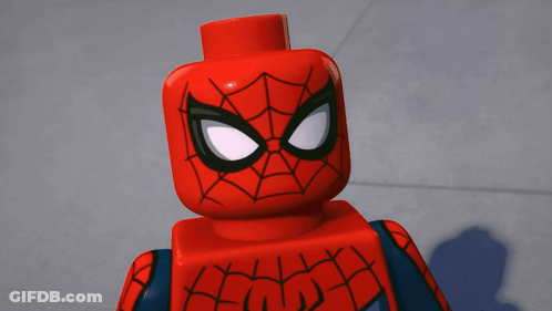 A Close Up Of A Lego Spider Man Figure 'S Head GIF