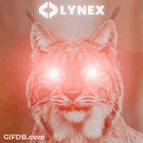 A Close Up Of A Lynx 'S Face With A Lynex Logo In The Background GIF