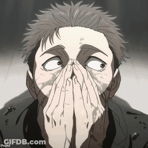 A Close Up Of A Man Covering His Face With His Hands With A Project Logo In The Background GIF