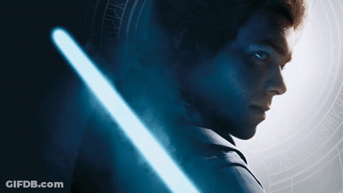 A Close Up Of A Man Holding A Light Saber With A Circle In The Background GIF