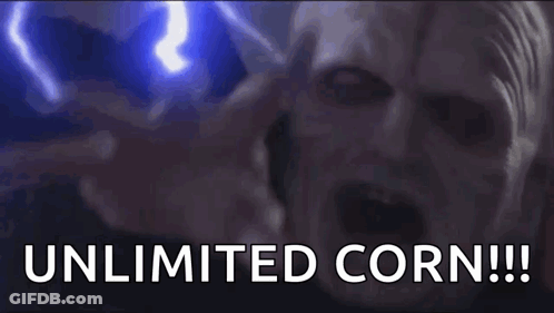A Close Up Of A Man Holding A Lightning Bolt And Saying `` Unlimited Corn !!! '' GIF