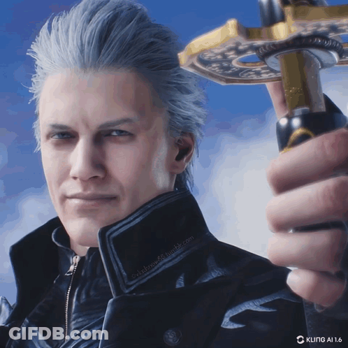 A Close Up Of A Man Holding A Sword With The Words Kling Ai 1.6 Visible In The Corner GIF