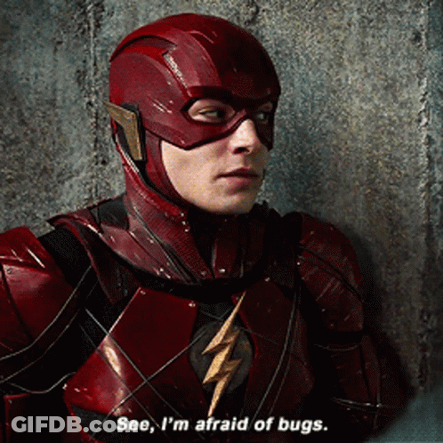 A Close Up Of A Man In A Flash Costume Saying " See I 'M Afraid Of Bugs " GIF