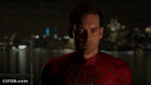A Close Up Of A Man In A Spiderman Suit Standing In Front Of A Body Of Water At Night . GIF