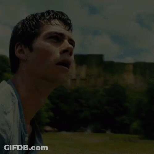 A Close Up Of A Man 'S Face In A Field With Trees In The Background . GIF