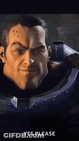 A Close Up Of A Man 'S Face In A Video Game With The Words `` Yes Please '' Written Below Him . GIF