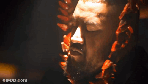 A Close Up Of A Man 'S Face With A Beard And A Necklace Around His Neck GIF