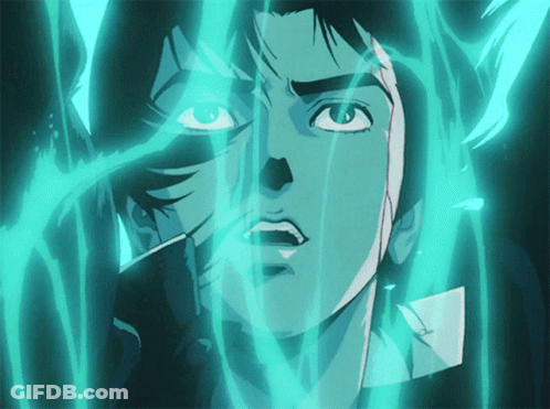 A Close Up Of A Man 'S Face With A Blue Light Coming Out Of His Eyes GIF
