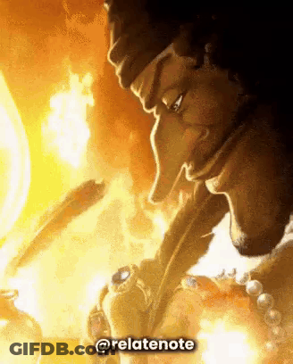 A Close Up Of A Man 'S Face With A Fire In The Background And A Flame Coming Out Of His Mouth . GIF