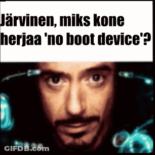 A Close Up Of A Man 'S Face With A Sign Above It That Says ' No Boot Device ? ' GIF
