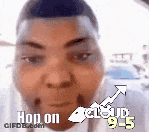 A Close Up Of A Man 'S Face With An Arrow Pointing Up And The Words Hop On Cloud 95 GIF