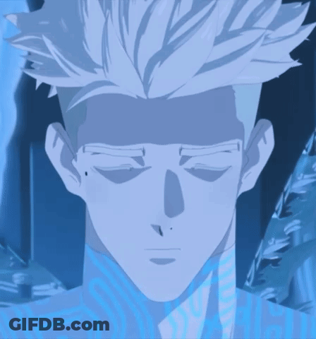 A Close Up Of A Man 'S Face With Blue Eyes And White Hair GIF