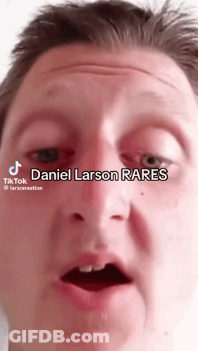 A Close Up Of A Man 'S Face With Daniel Larson Rares Written On The Bottom GIF