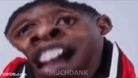 A Close Up Of A Man 'S Face With His Mouth Open And The Words `` Muchdank '' Written On The Bottom . GIF