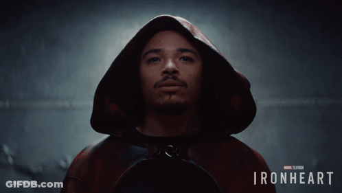 A Close Up Of A Man 'S Face With Ironheart Written On The Bottom GIF