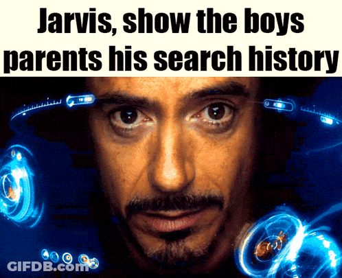 A Close Up Of A Man 'S Face With Jarvis Showing The Boys Parents His Search History GIF